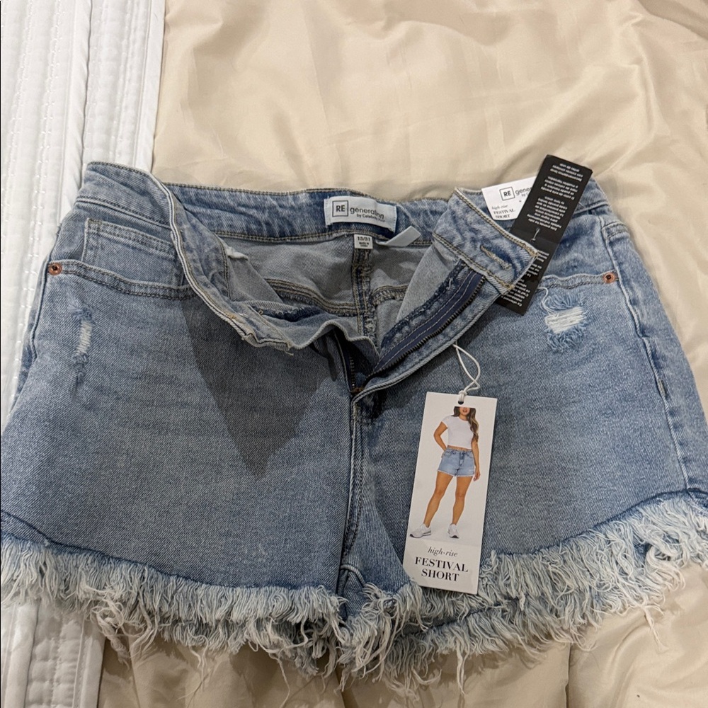 re generation Light Blue Frayed Hem Jean Shorts